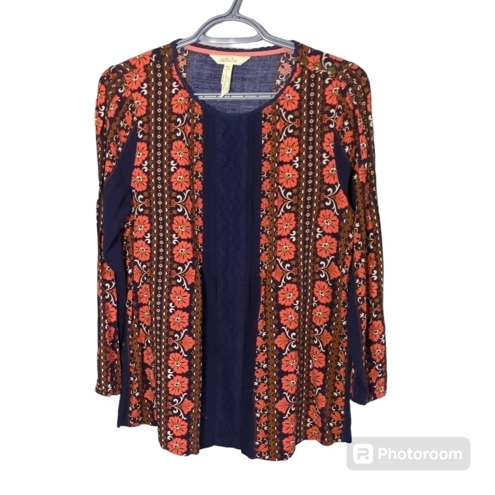Matilda Jane Floret Pintuck Lace Long Sleeve Blouse Navy Orange Size Small Boho